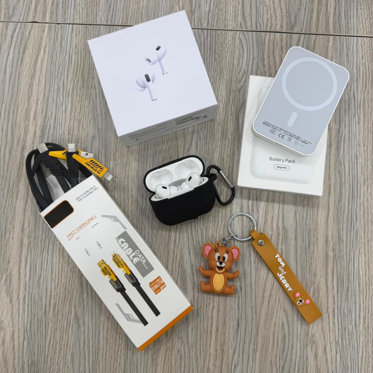 5 in 1 Combo Aerpods Pro 2 | 10000 MAH Magsafe Powerbank | Multi use Cable | Keychain | Case for aerpods (6 months warranty)